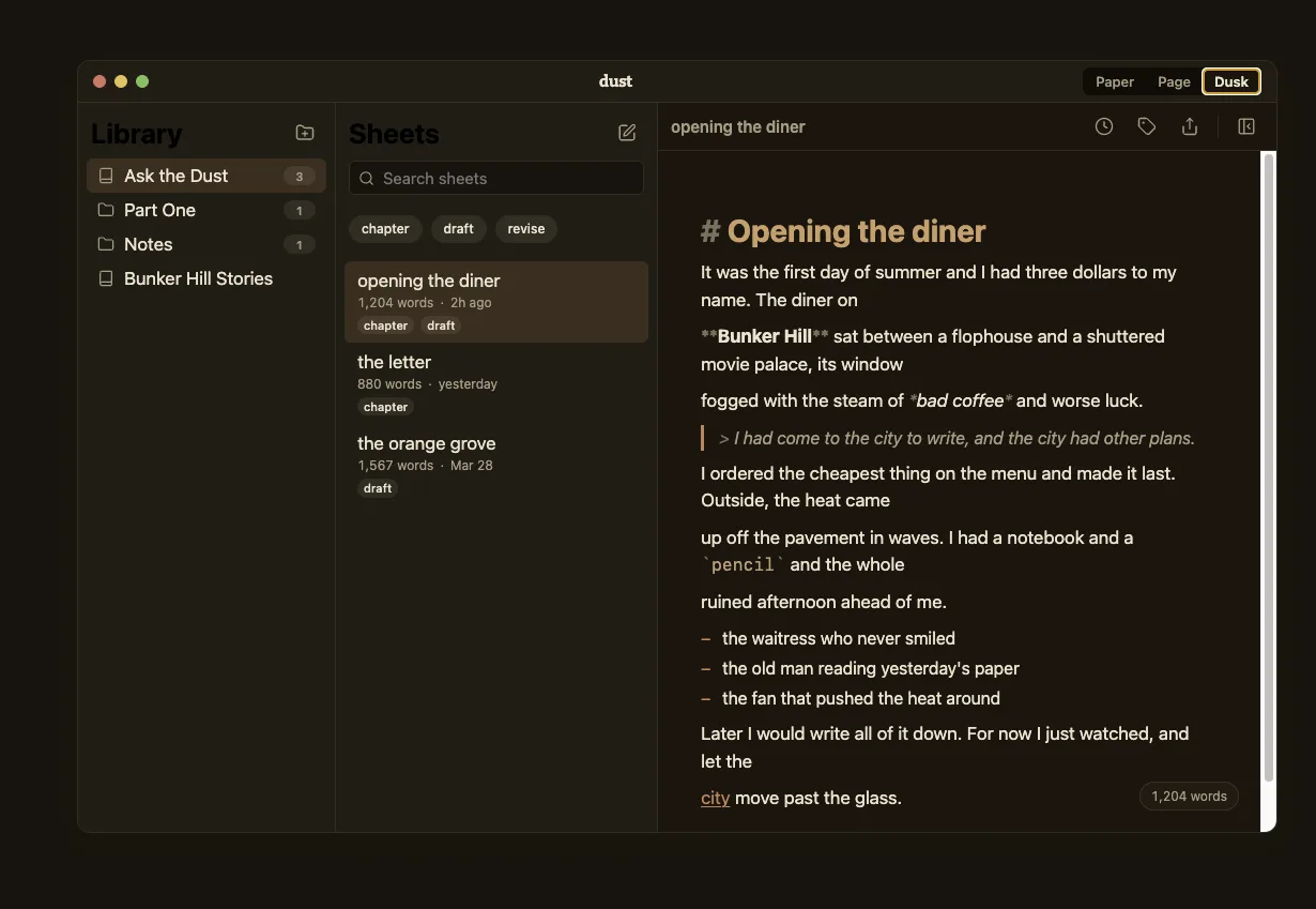 The Dust writing app in its dark Dusk theme: the same three-column library and editor, rendered in warm espresso tones.