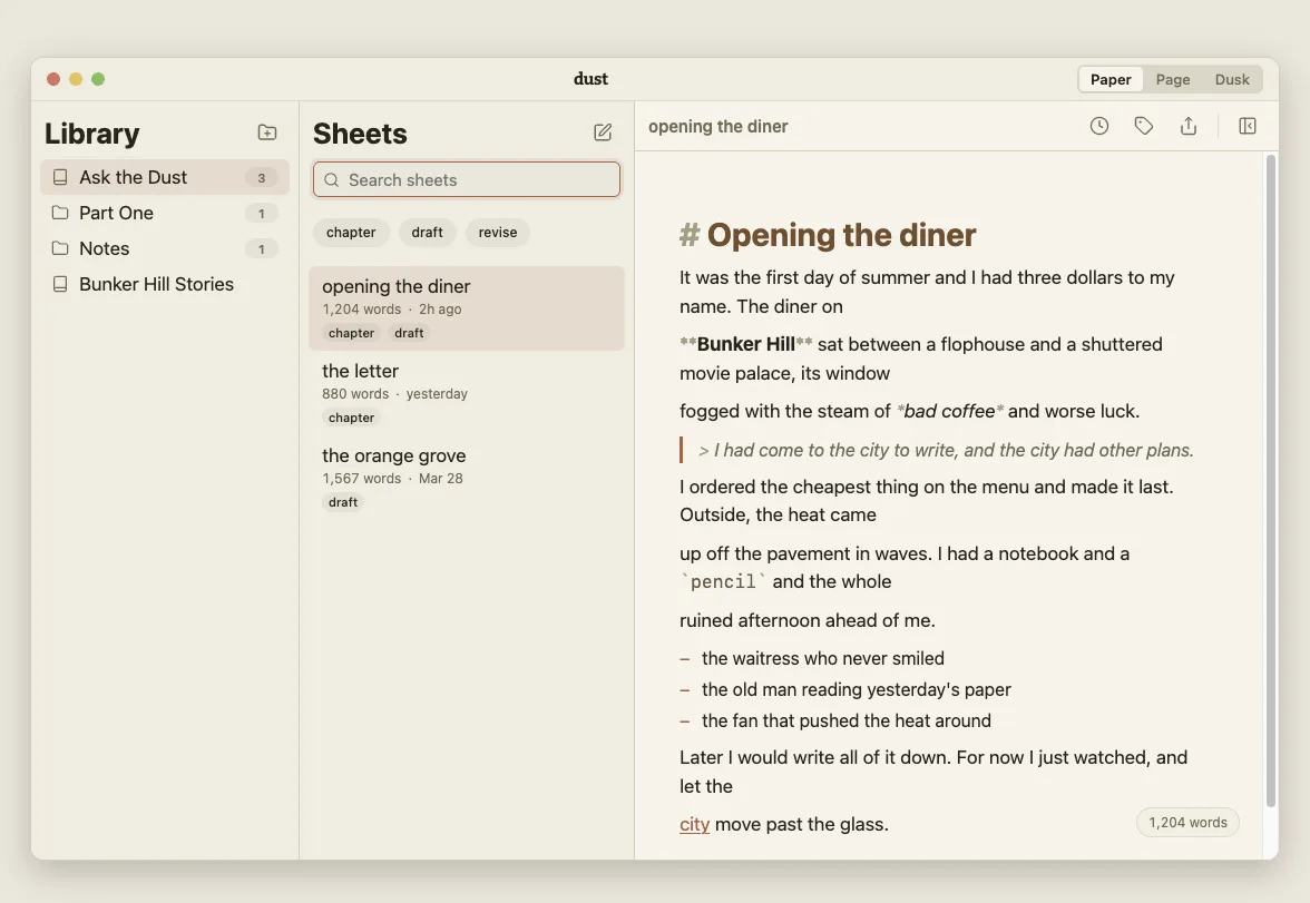 The Dust writing app on macOS: a library of sheets on the left, a warm paper editor canvas with a short story on the right.