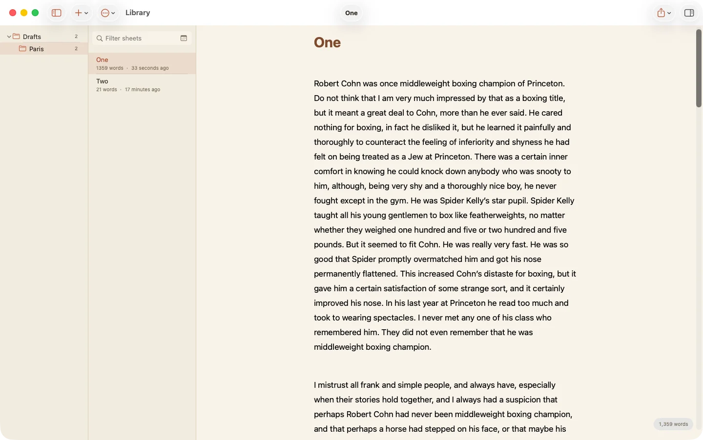 Dust on a Mac: library and sheet list on the left, a warm paper editor on the right.