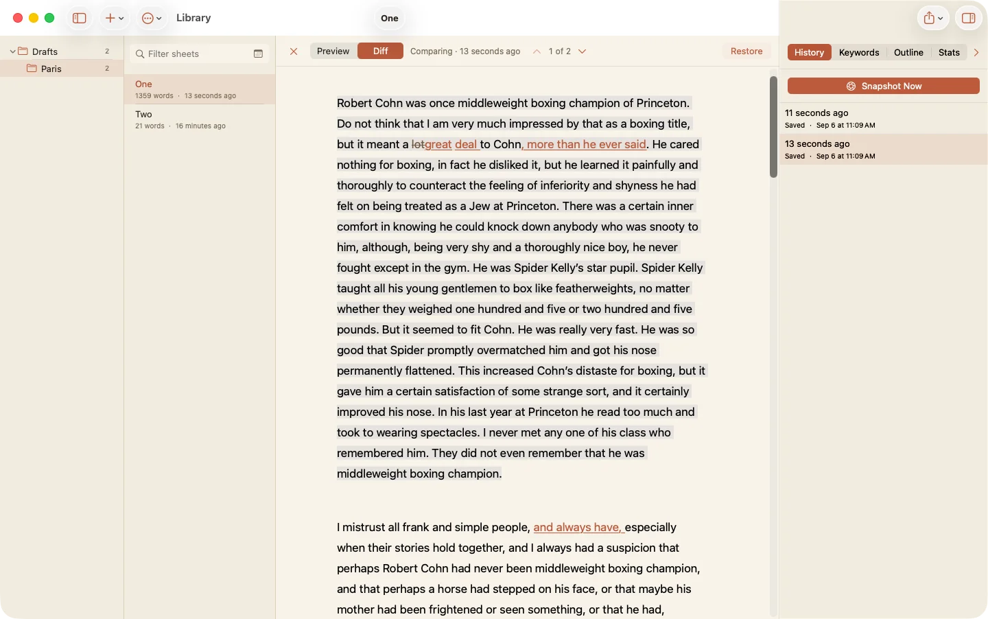 Version history on a Mac, comparing two snapshots with changes marked, and a Restore button.