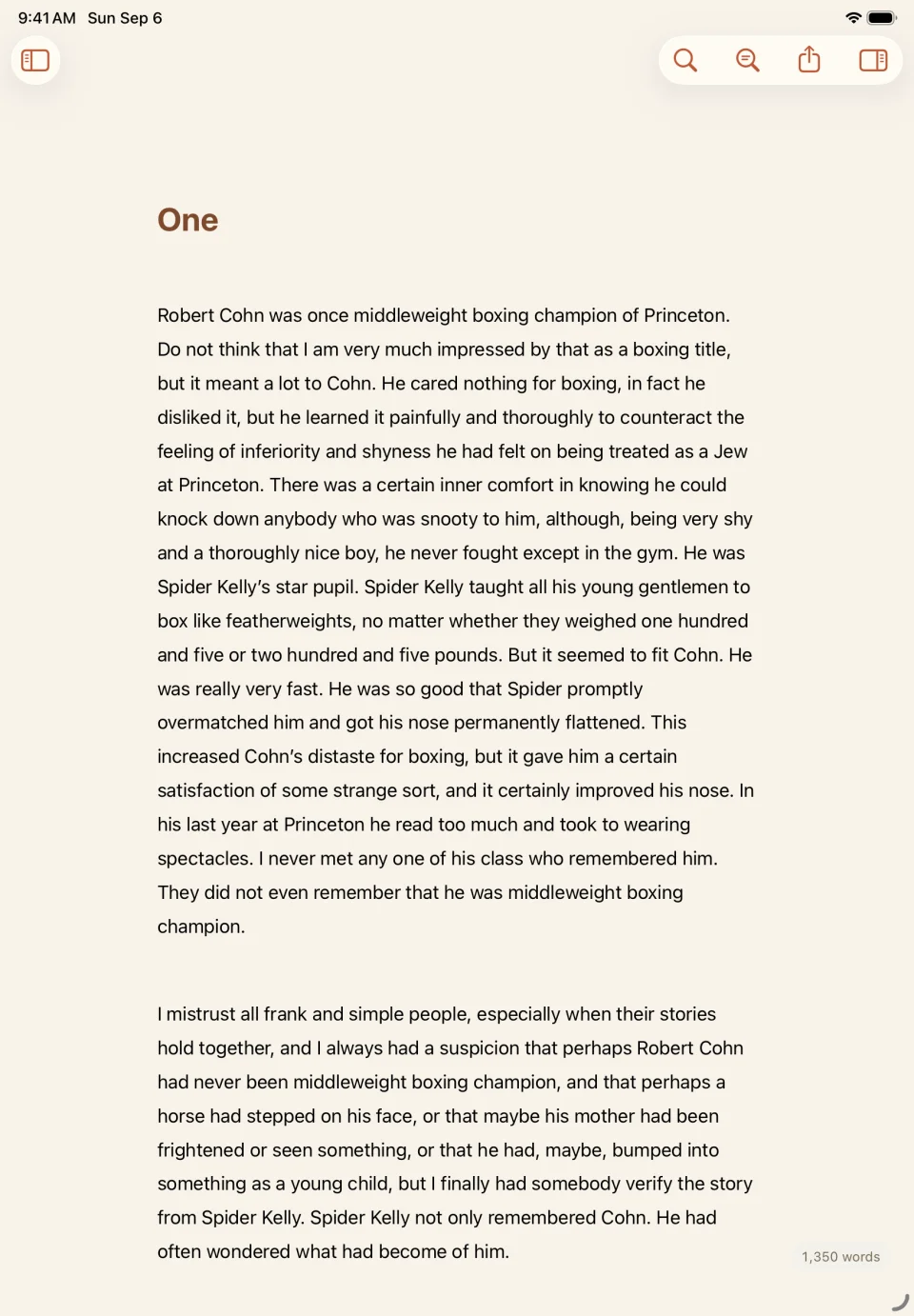Dust on an iPad with both side panels hidden, a single column of text on paper.